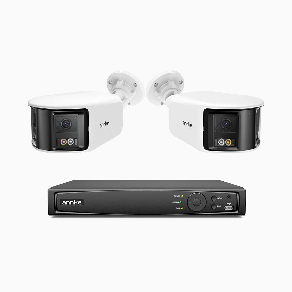 FDH800 - Kit videosorveglianza PoE 8 canali con 2 doppia lente telecamere 4K, vista panoramica a 180°, visione notturna intelligente a doppia luce, audio bidirezionale, sirena e allarme attivi, rilevamento persone e veicoli, IP67 - Image 2